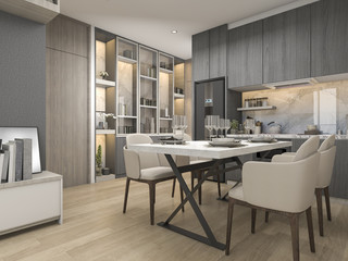 3d rendering white modern and luxury design kitchen with dining table and shelf