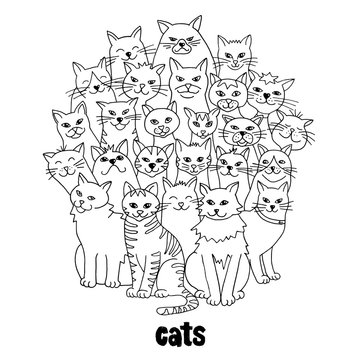 Group of hand drawn cats, standing in a circle, black and white