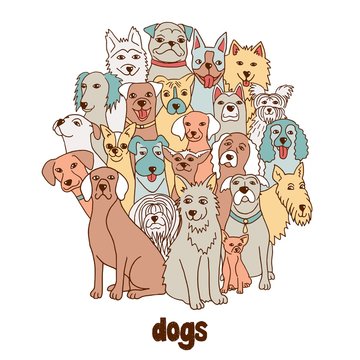 Group of hand drawn dogs, standing in a circle