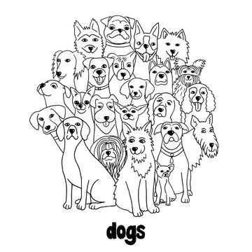 Group of hand drawn dogs, standing in a circle, black and white