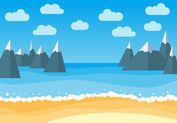 Fototapeta na wymiar Vector landscape with summer beach and rocks. Waves of the sandy beach, blue sky, sea and mountains. Landscape vector illustration. 