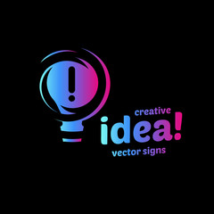 Abstract idea symbol, lightbulb eureka sign gradient color vector isolated logo on black background.