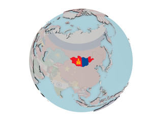 Mongolia with flag on globe
