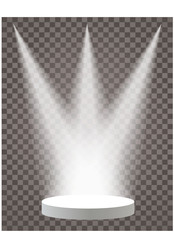 Empty vector white pedestal on transparent background. Template for product presentation with three spotlights.