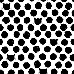 Hand drawn big polka dots with cat faces in between