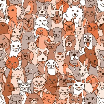 Hand drawn seamless pattern with cute pets: dogs, cats, birds, bunnies, hamster