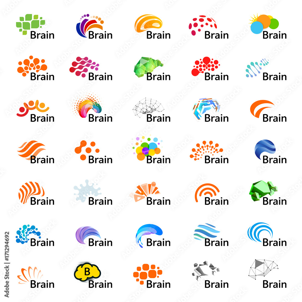 Poster Brain Logo silhouette design vector template. Think Idea concept. Brain storm power thinking logotype icon collection. Isolated abstract unusual creative digital brainstorming idea symbol set.