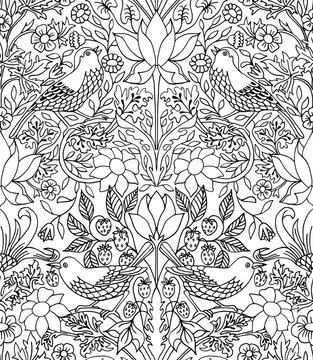 Strawberry thief - hand drawn seamless pattern with black and white outlines, floral illustration with birds