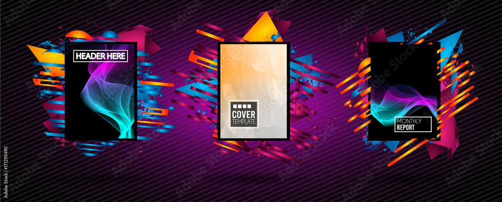 Poster futuristic frame art design with abstract shapes and drops of colors behind the space for text