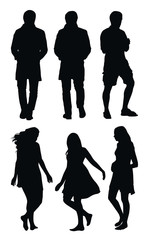 Set of black vector walking and standing people silhouettes isolated on white background