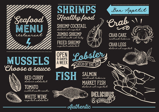 Seafood menu restaurant, food template.