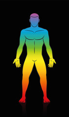 Male body - rainbow colored human silhouette in meditating upright standing yoga position on black background.