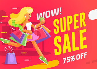 Poster or flyer design template with young running to sale woman in white dress