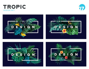 Set of Bright tropical background with jungle plants. Exotic pattern with tropical leaves