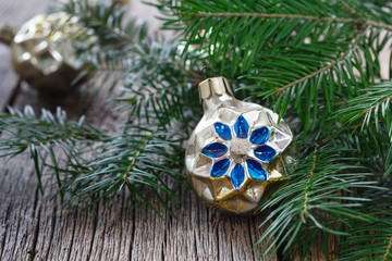 Retro christmas decoration on weathered wooden table