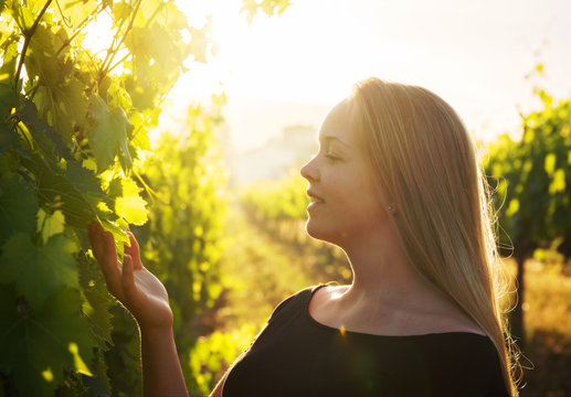 Junge Frau betrachtet verliebt die Reben eines toskanischen Weinbergs