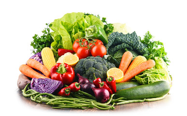 Composition with variety of raw organic vegetables and fruits