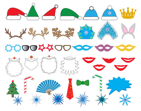 New year party set. Glasses, hats, lips, beard, antler, kokoshnik, crown, mask, snowflake and all. Vector.