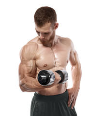 Fototapeta na wymiar Muscular bodybuilder guy doing exercises with dumbbells over white background