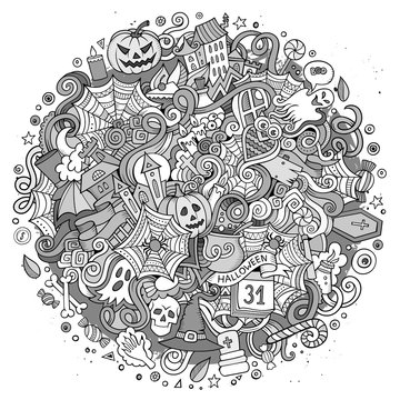 Cartoon cute doodles hand drawn Halloween illustration