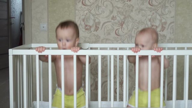 Two cute little brothers jump in one cot