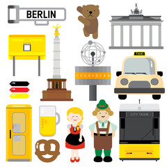 BERLIN
Berlin, destination city in Europe. Place, transportation or people are illustrated in color and simple graphic.