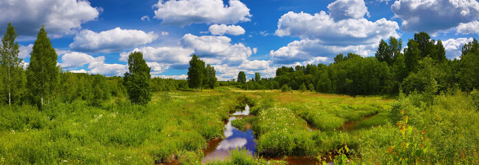 Summer wide angle view of small river - obrazy, fototapety, plakaty