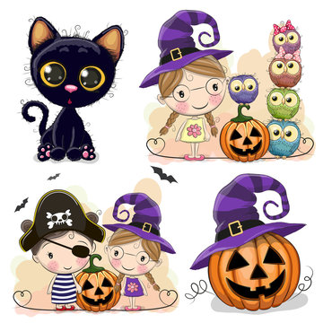 Set of Halloween cards with two girls
