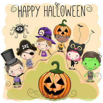 Cute Halloween illustration with kids
