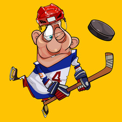 Naklejka premium funny cartoon hockey player with stick and puck