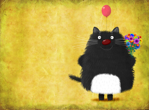 Black Smiling Cat Standing With Balloon And Flowers