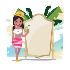 Cute beach girl with tropical sign style on the beach - vector illustration