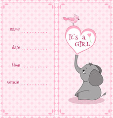 Baby shower invitation card with cute funny elephant. Vector.