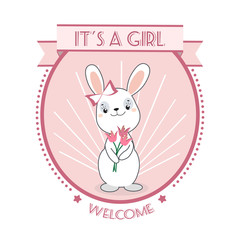 Baby shower invitation retro card with cute funny bunny. Vector illustration.