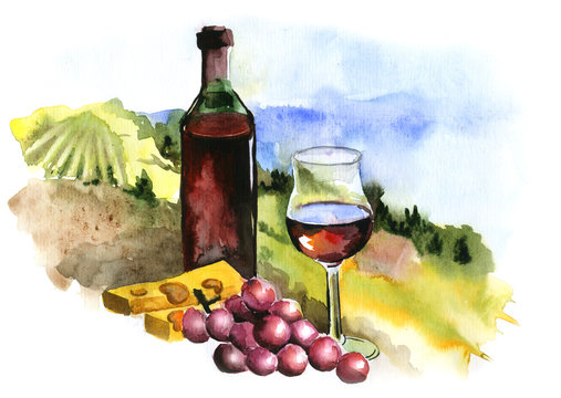 Landscape with vineyard, vintage pattern, Beaujolais Nouveau, watercolor