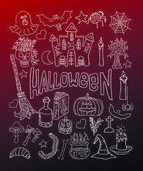 Vector set of line art icons for Halloween. Hand drawn doodle pumpkin, tree, worms, potion, book, mushrooms, broom, castle.