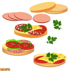 Sandwich. Sandwich with butter, sausage, cheese, tomatoes, parsley. Tasty sandwich with sausage. Fresh sandwich for breakfast. Bread with sausage. Bread with cheese. Sliced bread. Fast food. Vector.