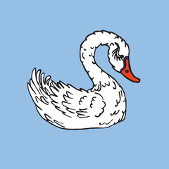 Lovely swan with closed eyes, hand drawn doodle, sketch in naïve, pop art style, color vector illustration isolated on blue