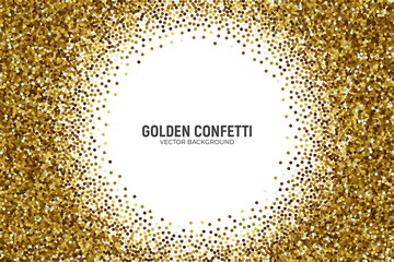 Vector Scattered Golden Confetti in Abstract Circle Frame Shape Isolated on White Background 3D Illustration. Slapstick Paper Round Gold Bright Particles. Graphic Design Template