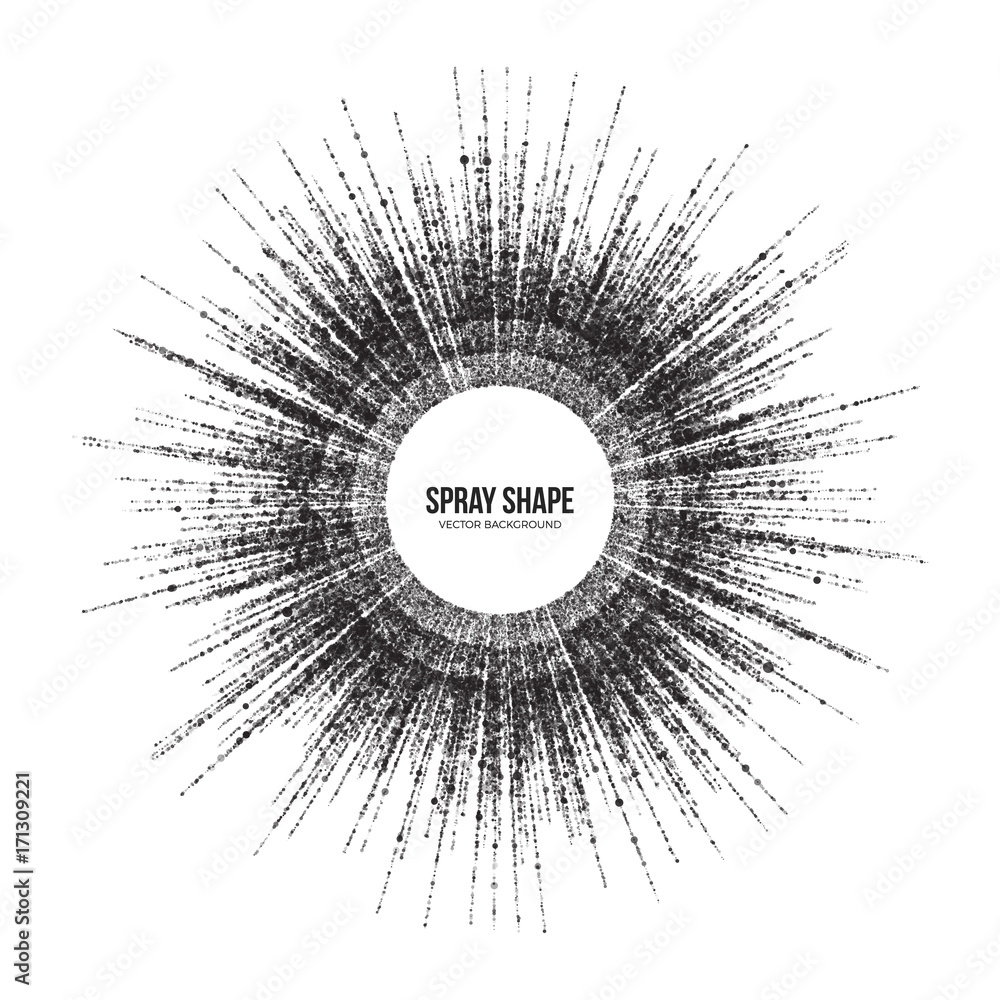 Poster radial scatter abstract vector round particles on white background. exploding effect. hand made text