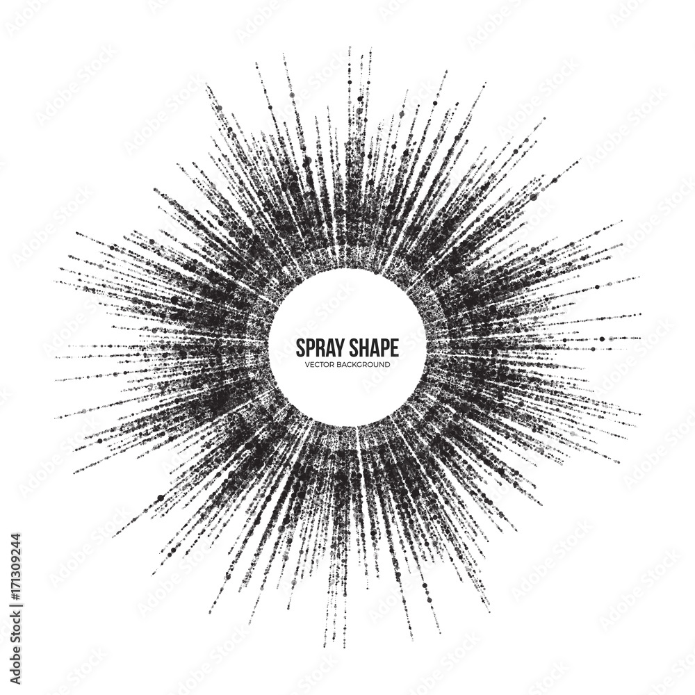 Poster radial scatter abstract vector round particles on white background. exploding effect. hand made text