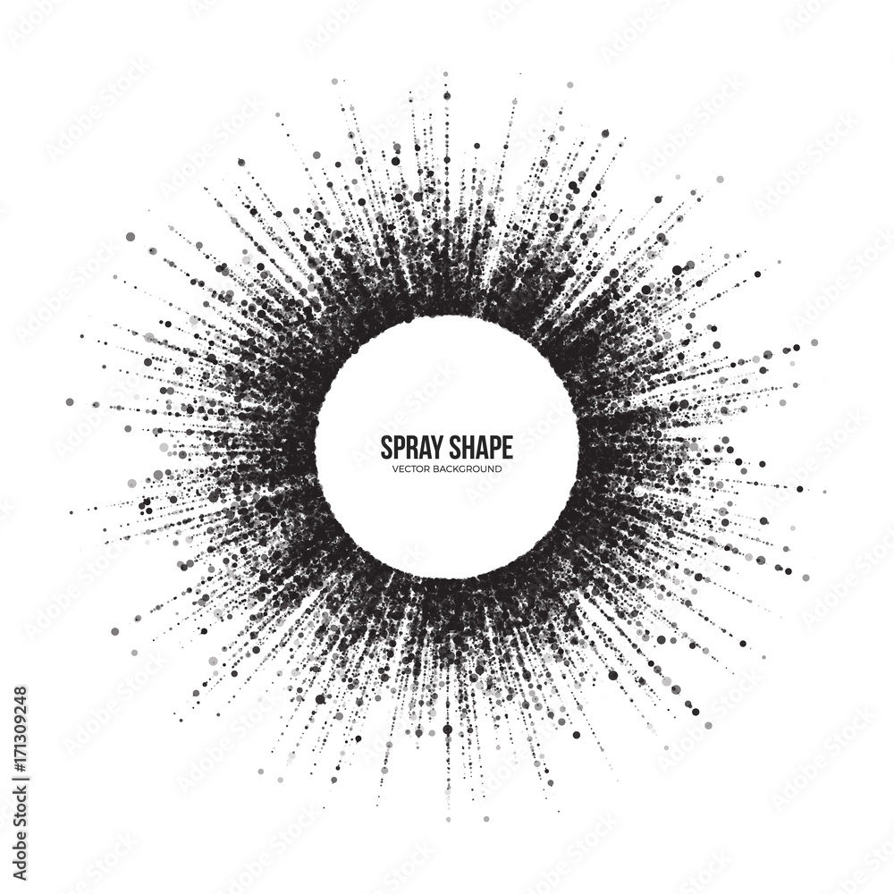 Poster radial scatter abstract vector round particles on white background. exploding effect. hand made text