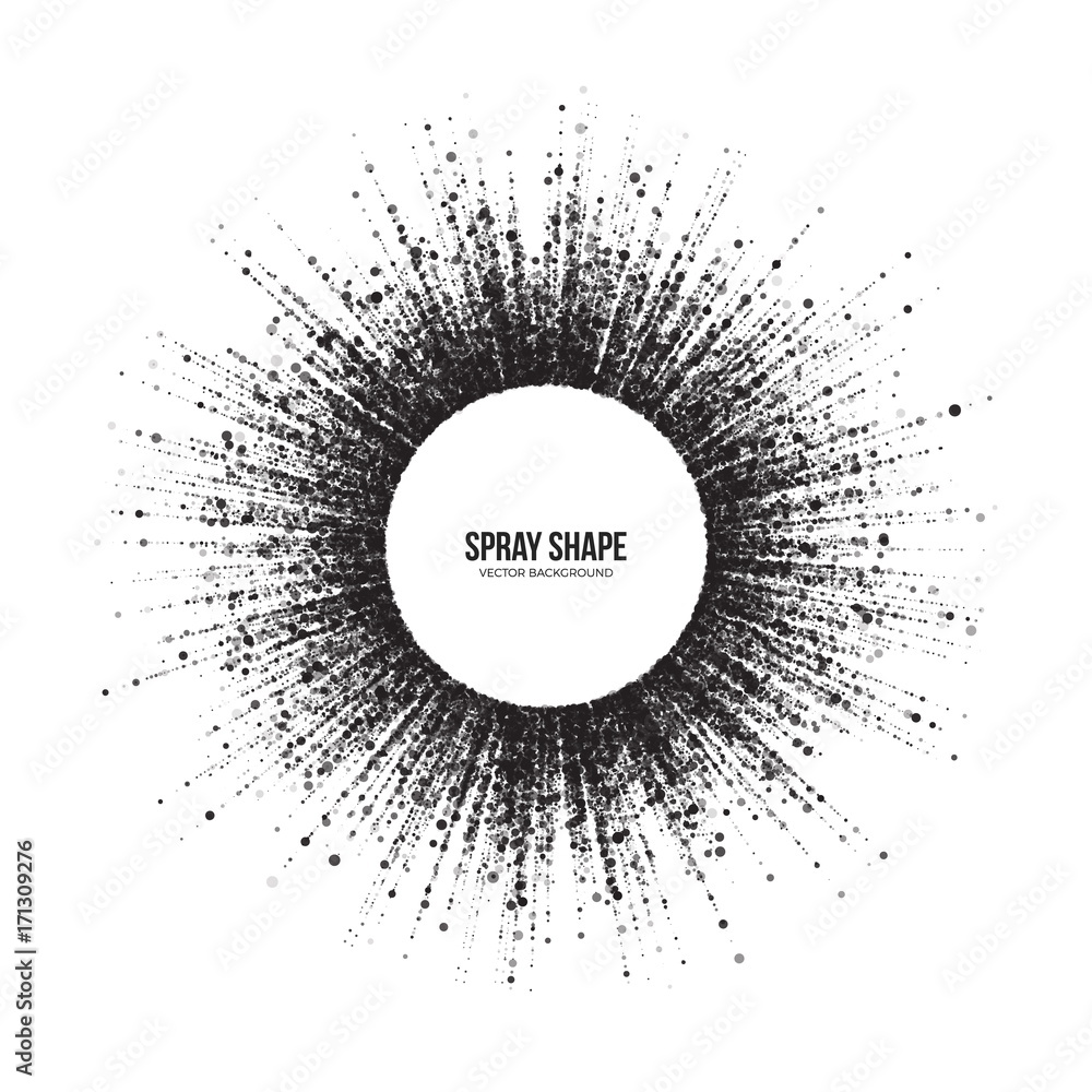 Poster radial scatter abstract vector round particles on white background. exploding effect. hand made text