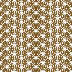 Japanese fan vector seamless pattern in gold line color style. Japan seashell inspired floral design.