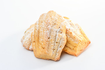 Freshly baked Madeleine cookies sprinkled with sugar powder 

close-up on the table, petite madeleine isolated on white 

background.