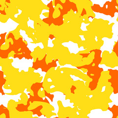 Yellow, orange and white UFO camouflage is a bright seamless pattern that can be used as a camo print for clothing and background and backdropor computer wallpaper
