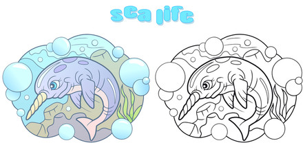 cartoon cute narwhal floating at depth