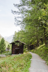 Zermatt, Alpen, Wallis, Zmutt, Furi, Wanderweg, Zmuttbach, Walliser Haus, Stall, Holzhaus, Bergbauer, Lärchenwald, Sommer, Schweiz