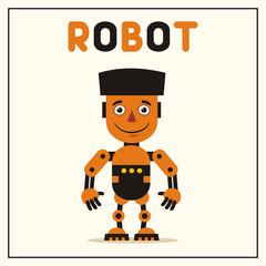 Smiling orange robot with black details. Isolated funny robot in cartoon style.