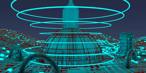 Base spaziale, Astronave spaziale, città del futuro, fantascienza, sci-fi, parallelepipedi, centro urbano, unità abitative, spazio. Altri mondi © Naeblys